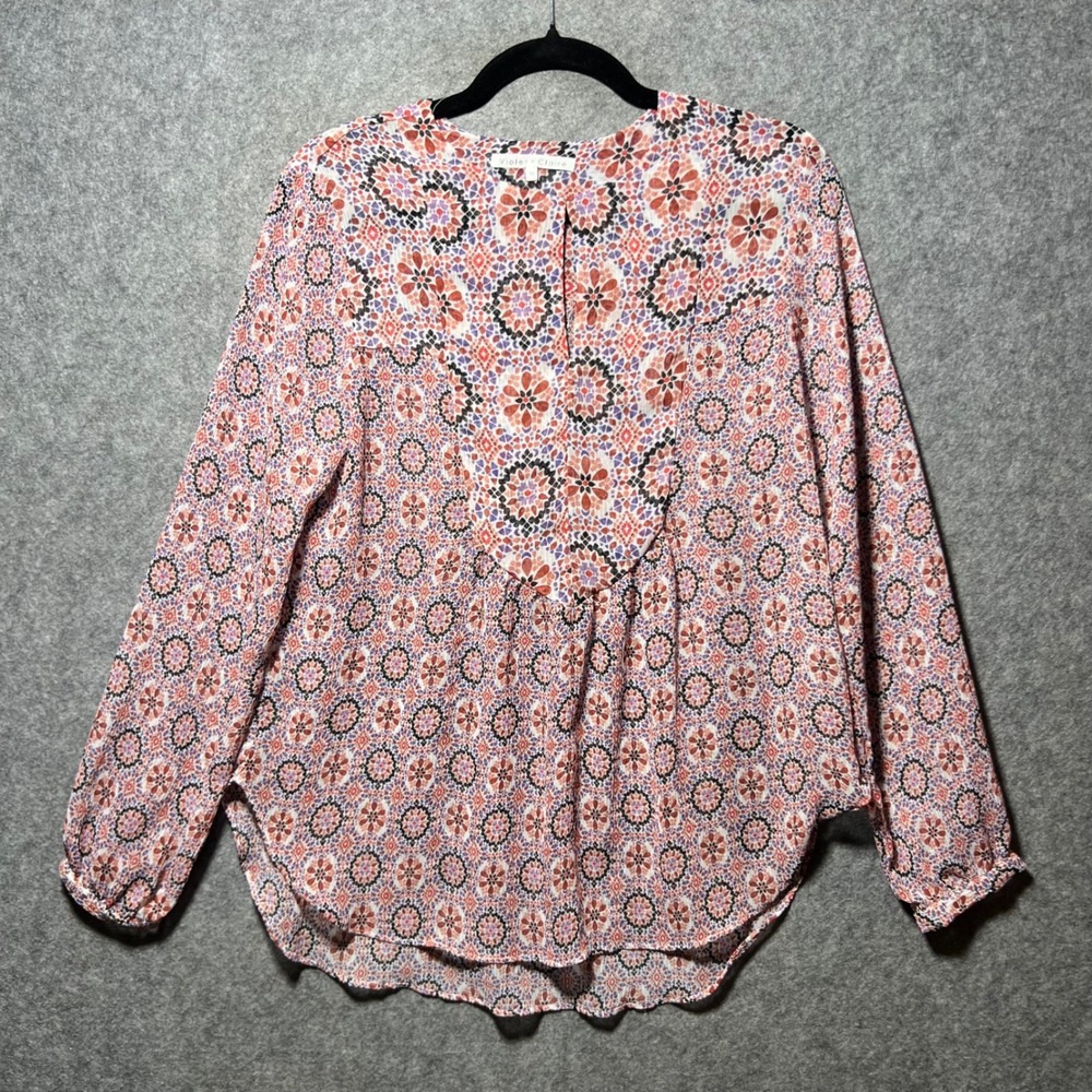 Violet + Claire Geometric Floral Mosaic Print Split Neck Blouse Coral Purple L